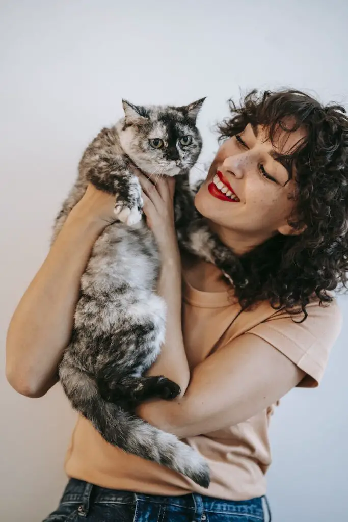 Crop smiling woman embracing cute cat on white background